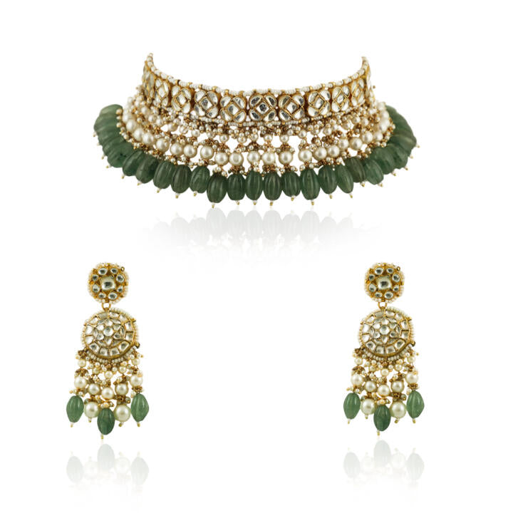White Jadtar Stone With Sea Green Beads Choker Set