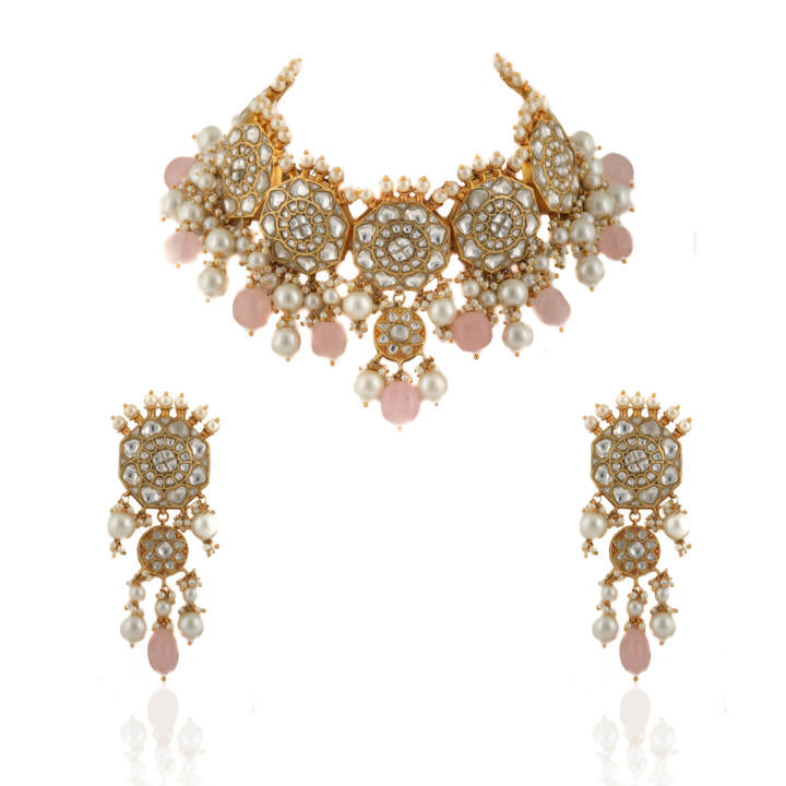 White Jadtar Stone Necklace Set Light Pink Beads With Peral