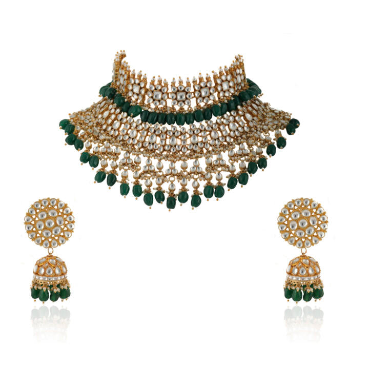 White Andgreen Jadtar Stone Shlok 2 Line Choker With Jhumki Bridal Set