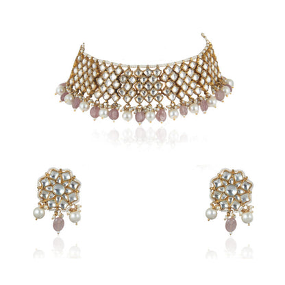 White Stone And  Light Pink Beads Choker Set