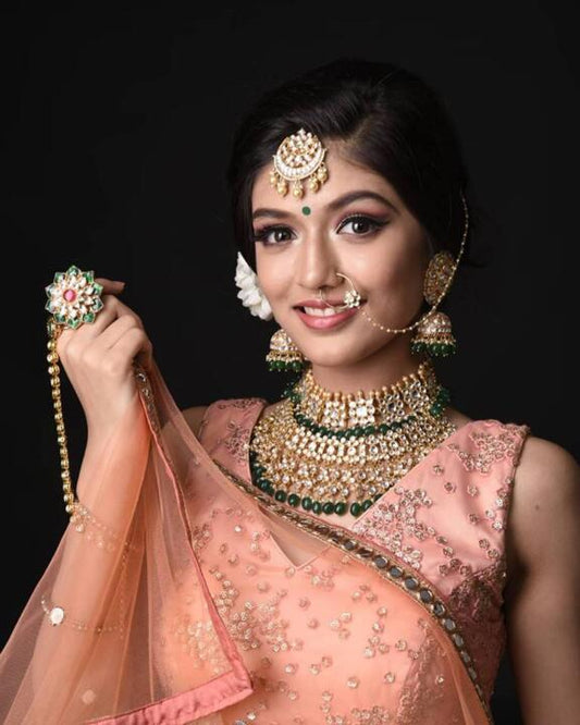 White Andgreen Jadtar Stone Shlok 2 Line Choker With Jhumki Bridal Set
