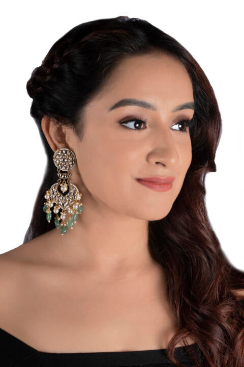 White Jadtar Stone Earrings With 2 Layer Pearl Sea Green Beads Beads