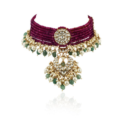 A 22Kt Gold Plated Choker Necklace Set Beaded In Maroon
