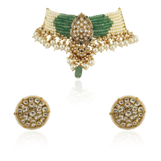 A 22Kt Gold Plated Choker With Its Unique Shape In Sea Green And Pearls
