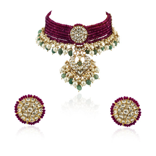 A 22Kt Gold Plated Choker Necklace Set Beaded In Maroon