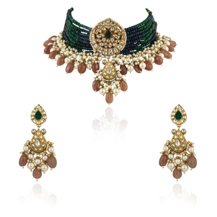 22Kt Gold Plated Choker Necklace Set With Blue And Green Belt, Beaded With Pastel Pink Beads