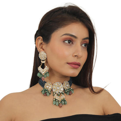 22Kt Gold Plated Choker Necklace Studded With Jadtar Stones In Blue