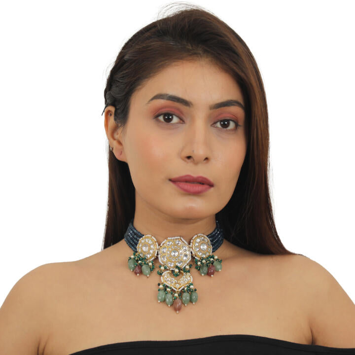 22Kt Gold Plated Choker Necklace Studded With Jadtar Stones In Blue