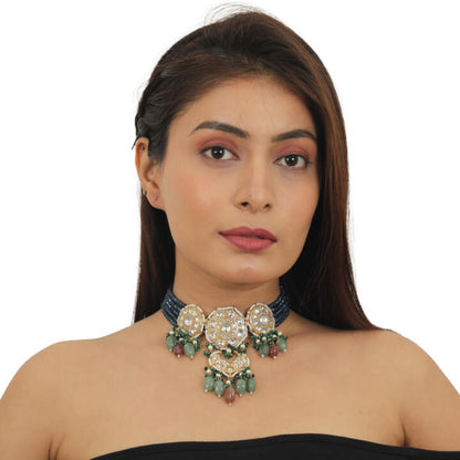 22Kt Gold Plated Choker Necklace Studded With Jadtar Stones In Blue