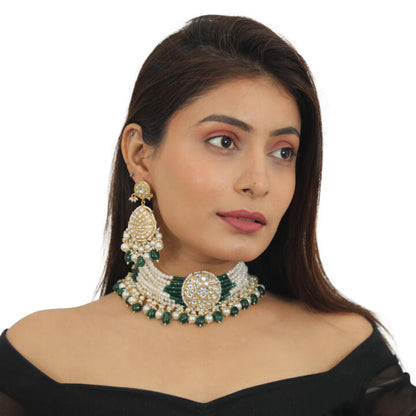 White Choker Set With Small Dark Green And Pearl Line Beadded Green Beads And Pearl