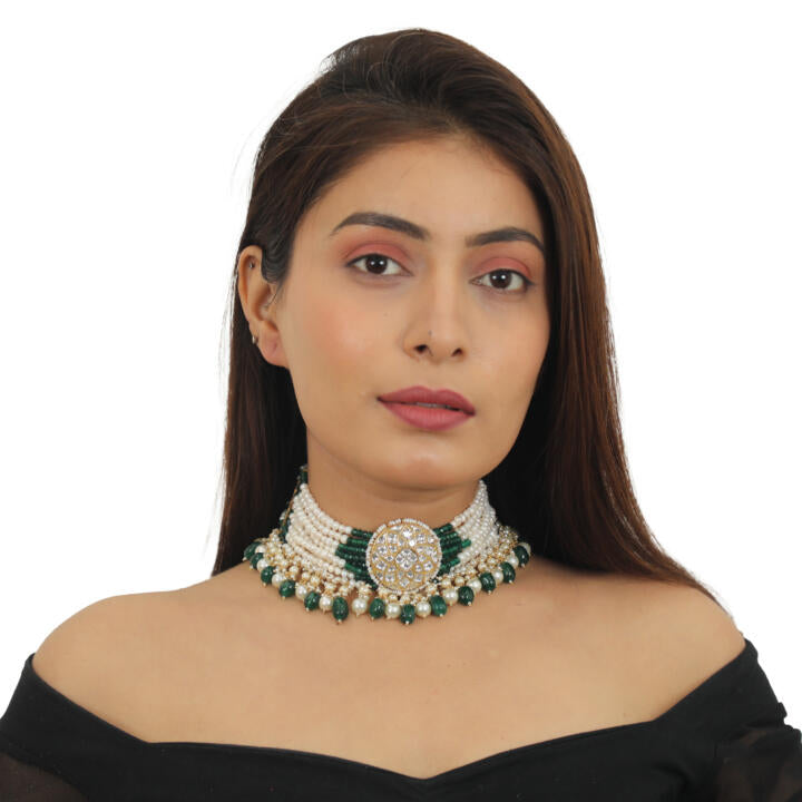 White Choker Set With Small Dark Green And Pearl Line Beadded Green Beads And Pearl