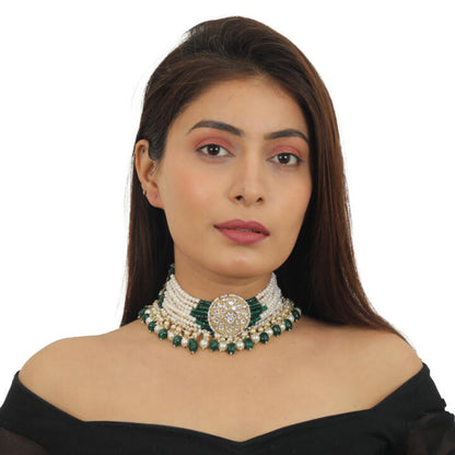 White Choker Set With Small Dark Green And Pearl Line Beadded Green Beads And Pearl