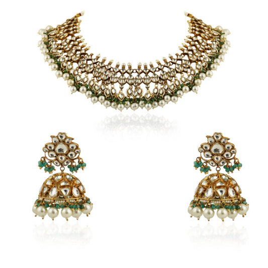 White Stone Neckalce With Jhumki  Sea Green Hangings And Pearl