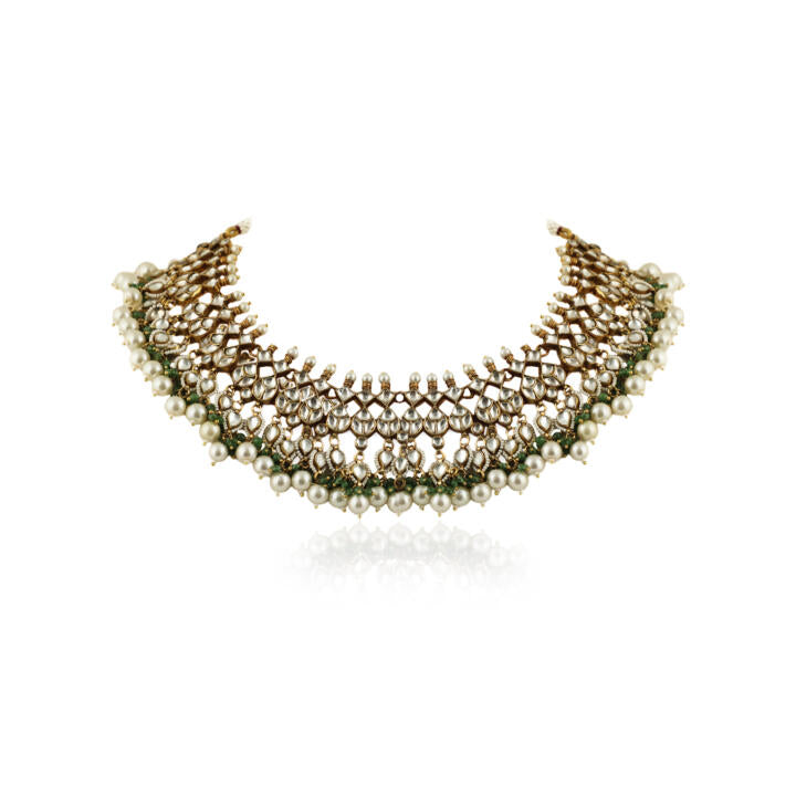 White Stone Neckalce With Jhumki  Sea Green Hangings And Pearl