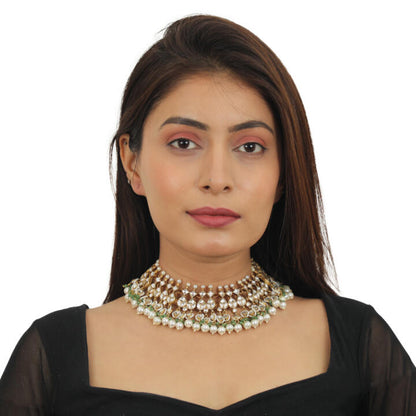 White Stone Neckalce With Jhumki  Sea Green Hangings And Pearl