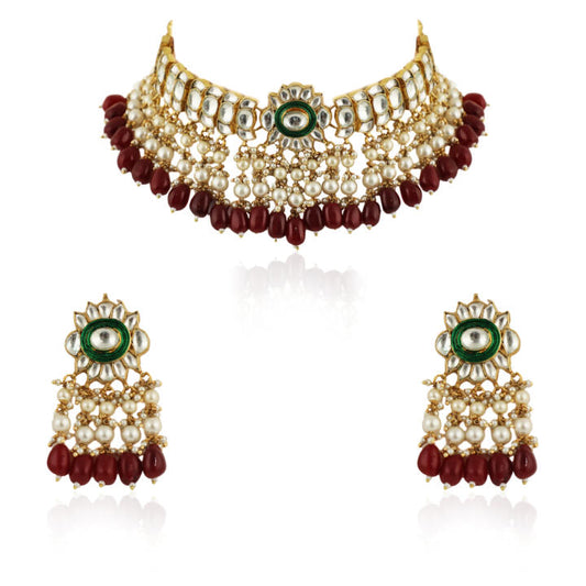 Red Beads With Green Meenakari White Jadtar Stone Choker Set