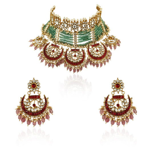 Sea Green Motiwork With Red Bridal Necklace Set