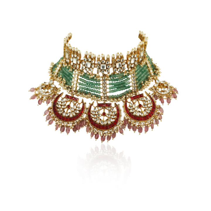 Sea Green Motiwork With Red Bridal Necklace Set