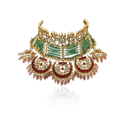 Sea Green Motiwork With Red Bridal Necklace Set