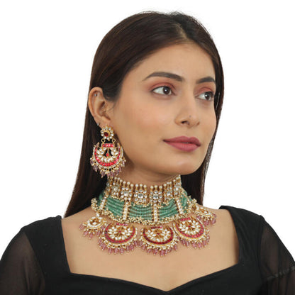 Sea Green Motiwork With Red Bridal Necklace Set