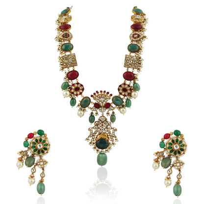 Multicolour Long Necklace Set With Sea Green Beads