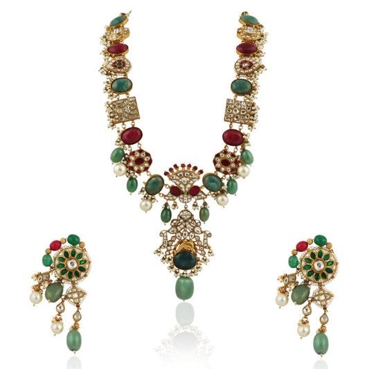 Multicolour Long Necklace Set With Sea Green Beads