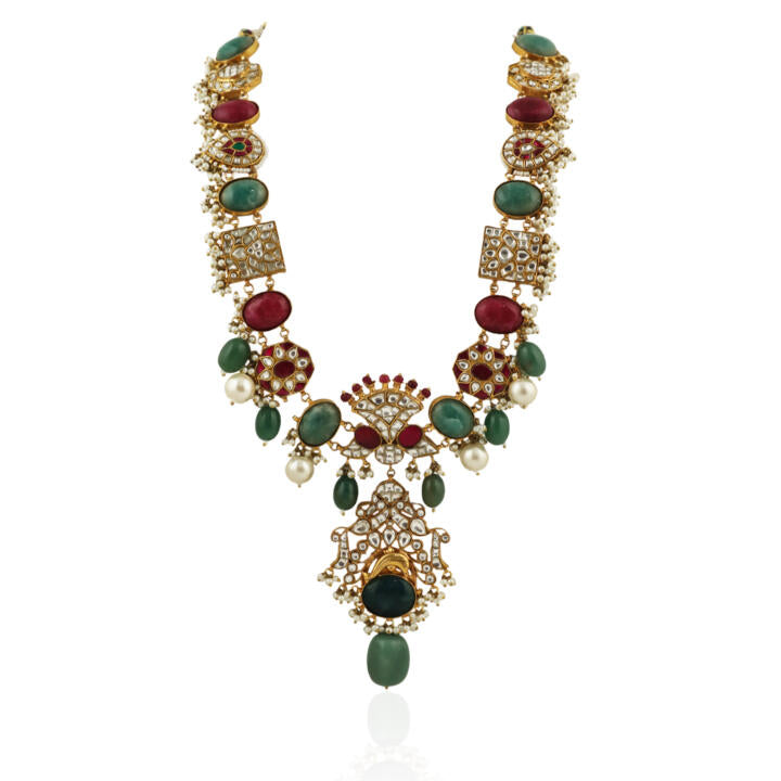 Multicolour Long Necklace Set With Sea Green Beads