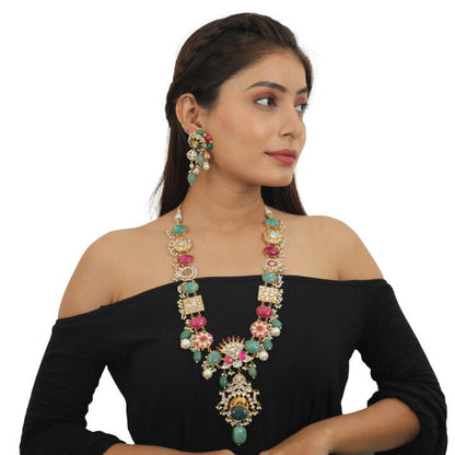 Multicolour Long Necklace Set With Sea Green Beads