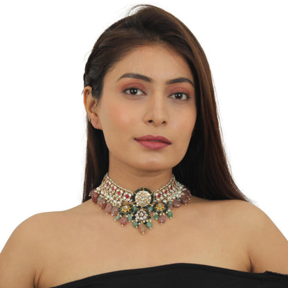 White And Pink Stone Nacklace Set With Pastel Pink And Sea Green Beads