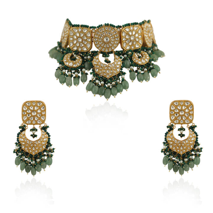 White Jadtar Stone Necklace Set With Green Moti Work And Sea Green Beads