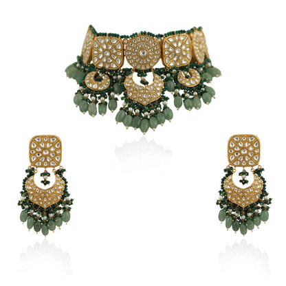 White Jadtar Stone Necklace Set With Green Moti Work And Sea Green Beads