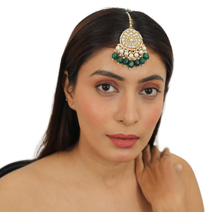 White Pearl With Green Beads  Maangtikka