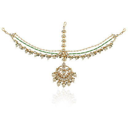 White Mathapatti With Pearl And Green Moti Line