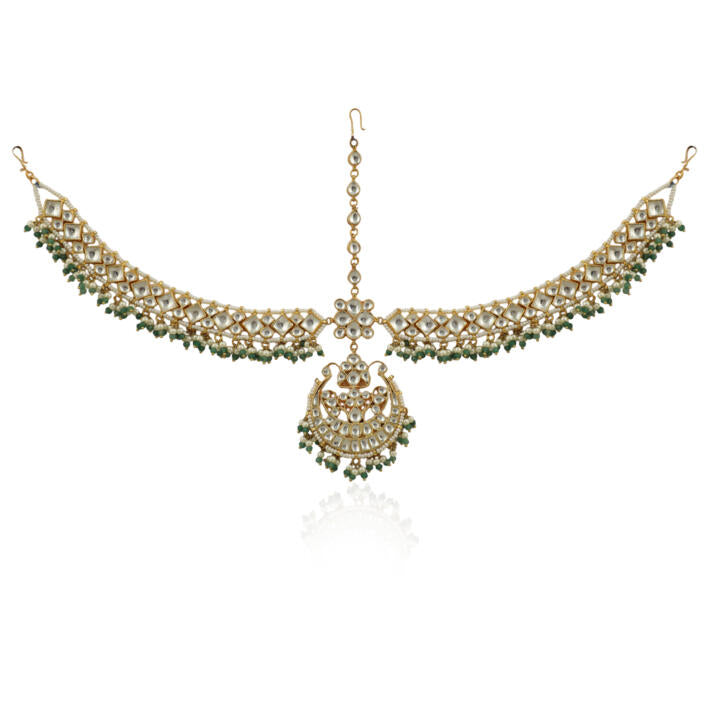 White Stone Heavy Mathapatti With Sea Green Hangings