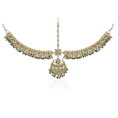 White Stone Heavy Mathapatti With Sea Green Hangings