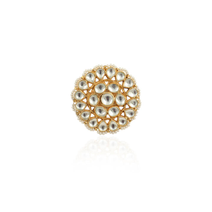 Traditional Ring In Floral Design With White Studded Jadtar Stones