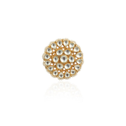 Traditional Ring In Floral Design With White Studded Jadtar Stones