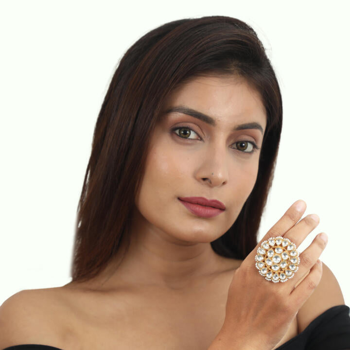 Traditional Ring In Floral Design With White Studded Jadtar Stones