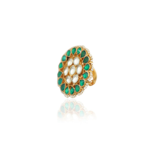 Traditional Ring In Floral Design With Green And White Studded Jadtar Stones
