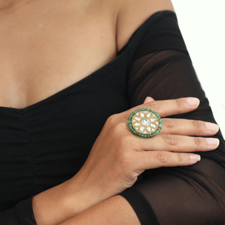 Floral Jadau Ring In 22Kt Gold Plating
