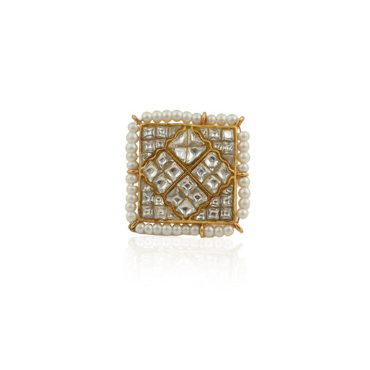 Heritage Wedding Wear Ring In Square With Jadau Stones And Pearls