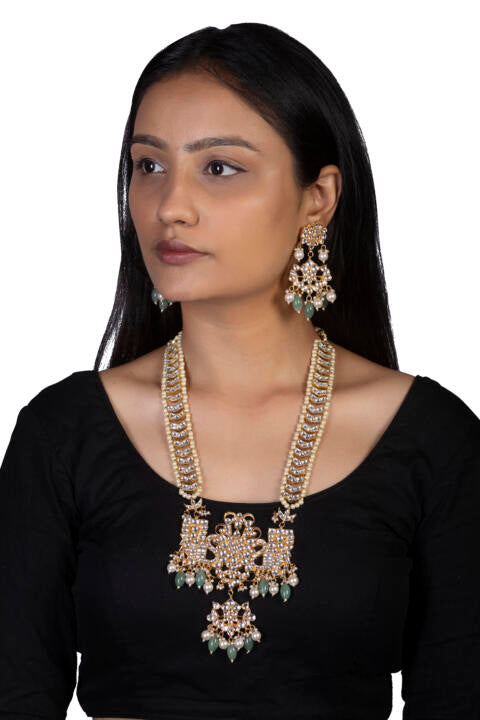 White Jadtar Stone Peacock Long Pendant Set With Sea Green Beads