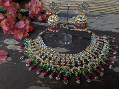 Uniquely Beaded Traditional Necklace Set In Pink And Green Beads