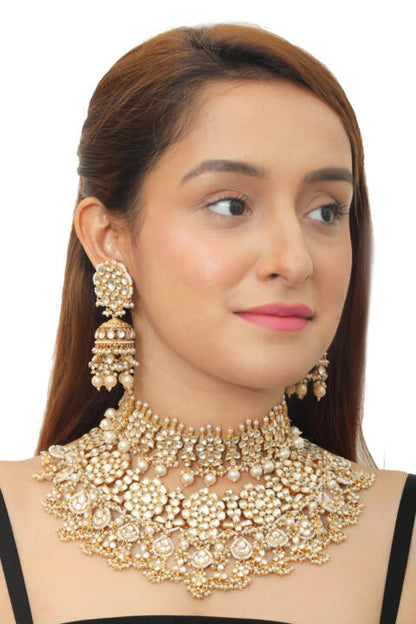Yellow And White Jadtar Stone With White Pandadi And Beads Double Layer Necklace Set