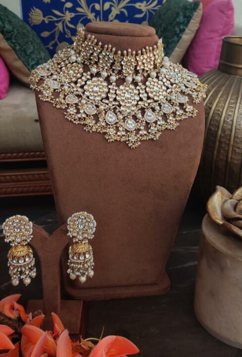Yellow And White Jadtar Stone With White Pandadi And Beads Double Layer Necklace Set