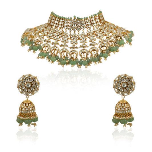 White Stone And Sea Green Beads Bridal Necklace With Jhumki