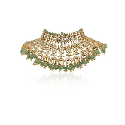 White Stone And Sea Green Beads Bridal Necklace With Jhumki