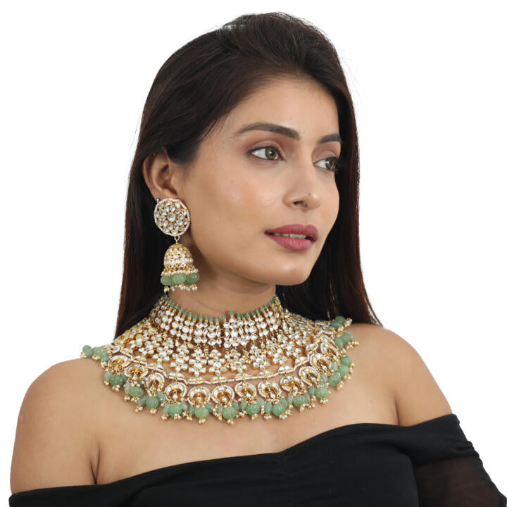 White Stone And Sea Green Beads Bridal Necklace With Jhumki