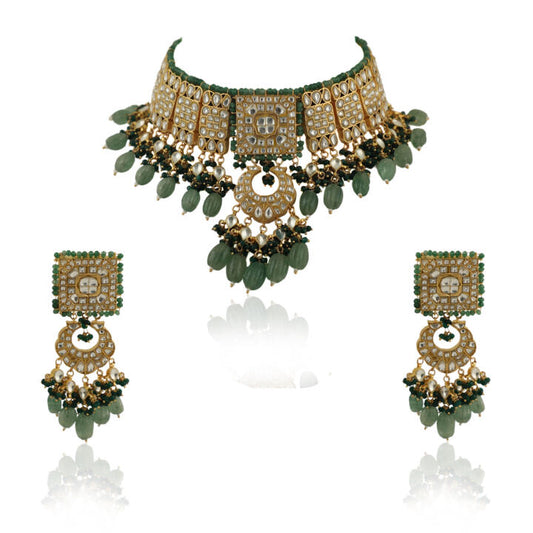 Geomatrical Necklace Set With Earings In Emerald And Sea Green Beads