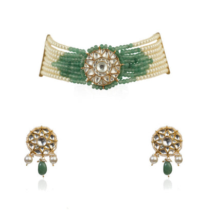 Round  Small Pendent With Sea Green And White Moti Line Atteched  Necklace With Tops
